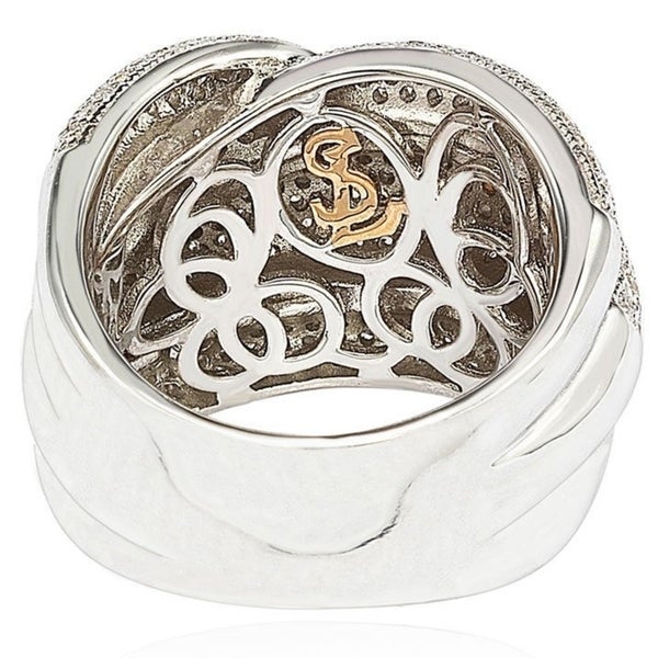 Suzy Levian Sterling Silver Micro Pave Cubic Zirconia Crossover Wide Band Ring
