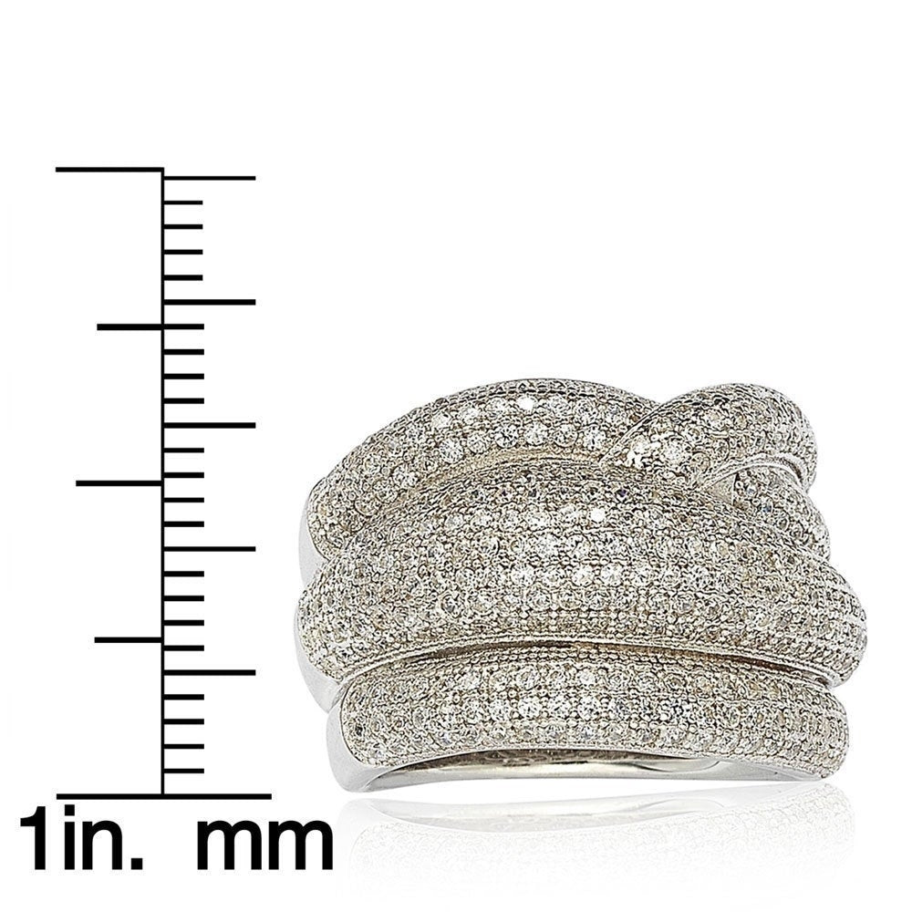Suzy Levian Sterling Silver Micro Pave Cubic Zirconia Crossover Wide Band Ring