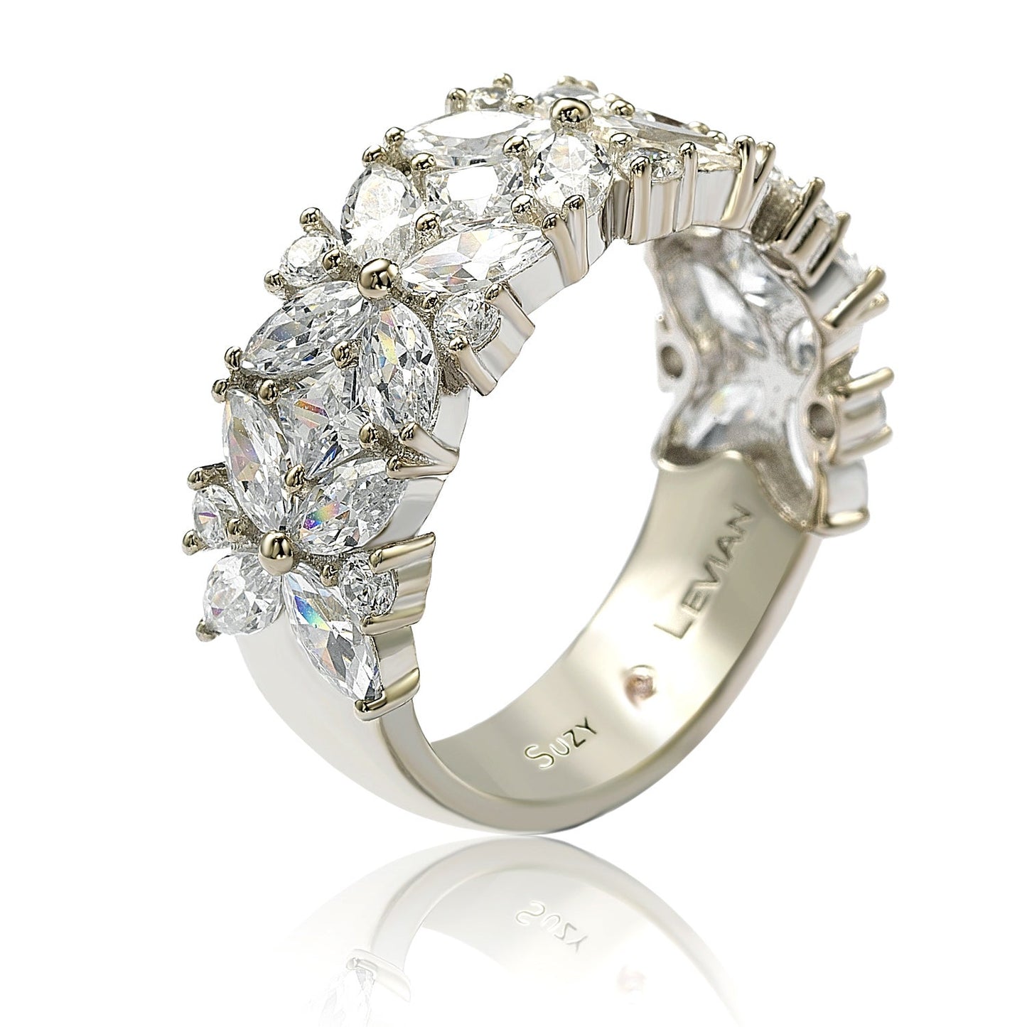 Suzy Levian Sterling Silver Multi-Cut Cubic Zirconia Floral 3/4 Eternity Ring