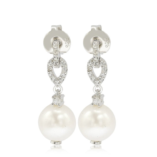 Suzy Levian Sterling Silver Pearl & White Sapphire Dangle Earrings