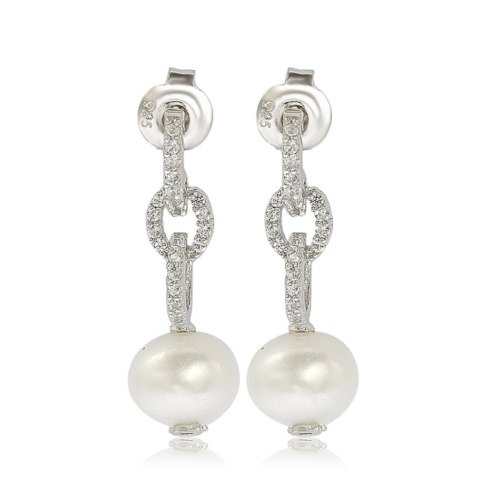 Suzy Levian Sterling Silver Pearl & White Sapphire Dangle Earrings