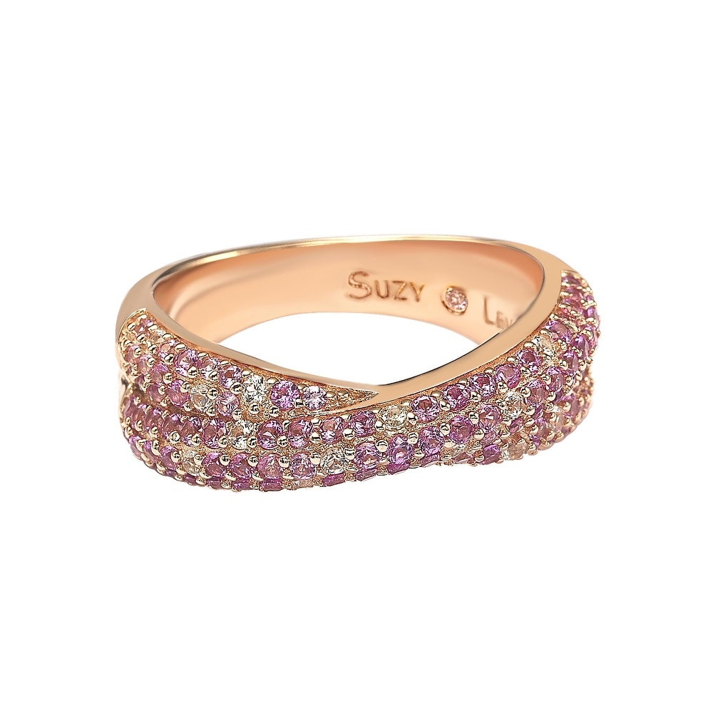 Suzy Levian Sterling Silver Pink & White Sapphire & Diamond Accent Petite Pave Crossover Ring