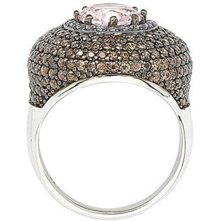 Suzy Levian Sterling Silver Pink and Brown Cubic Zirconia Halo Pave Ring