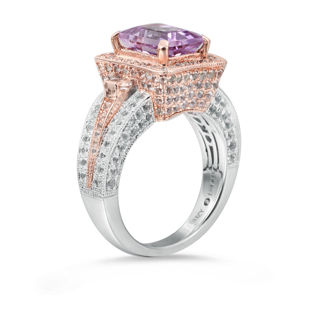 Suzy Levian Sterling Silver Purple Amethyst Emerald-Cut 5.2 cttw Ring