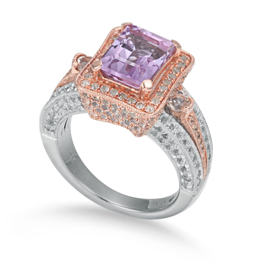 Suzy Levian Sterling Silver Purple Amethyst Emerald-Cut 5.2 cttw Ring