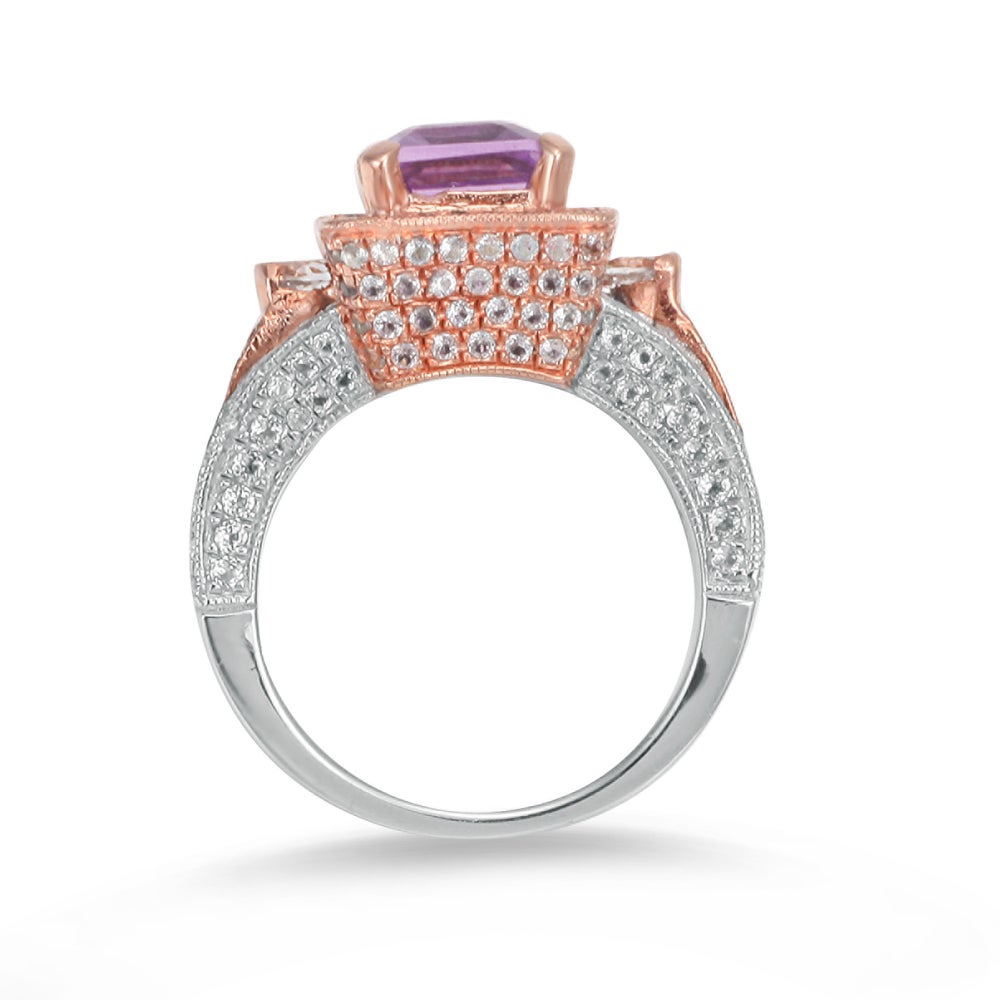Suzy Levian Sterling Silver Purple Amethyst Emerald-Cut 5.2 cttw Ring
