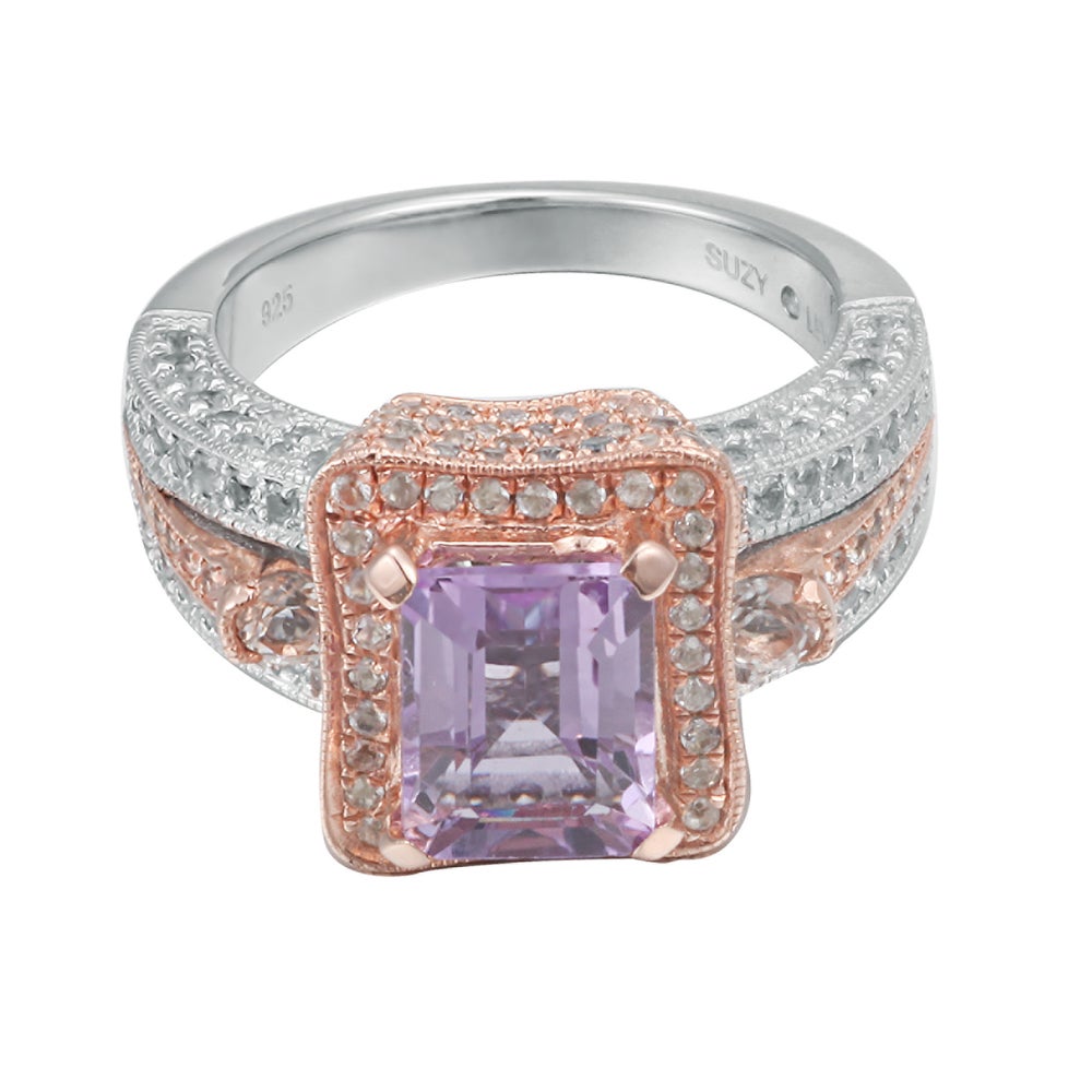 Suzy Levian Sterling Silver Purple Amethyst Emerald-Cut 5.2 cttw Ring