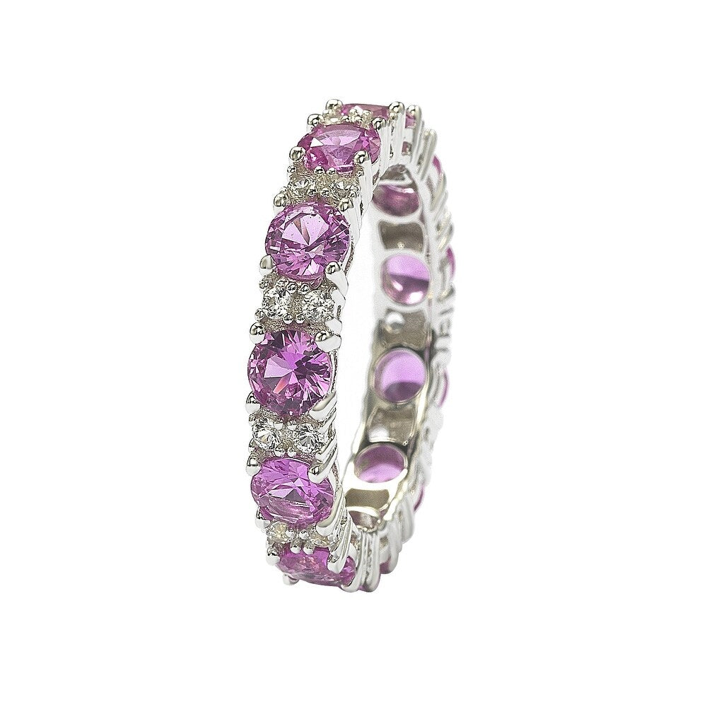 Suzy Levian Sterling Silver Round Cut Pink Sapphire and Diamond Accent Eternity Band
