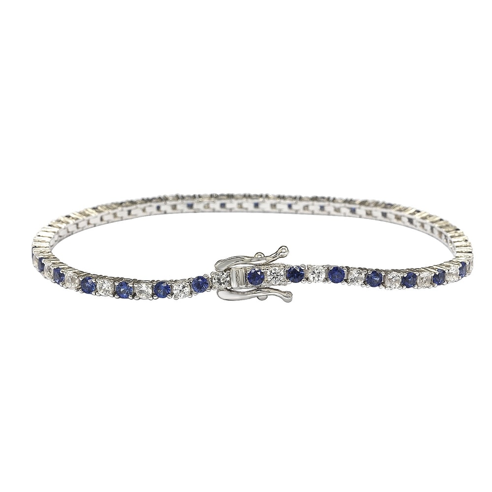 Suzy Levian Sterling Silver Round-Cut Blue And White Sapphire Tennis Bracelet