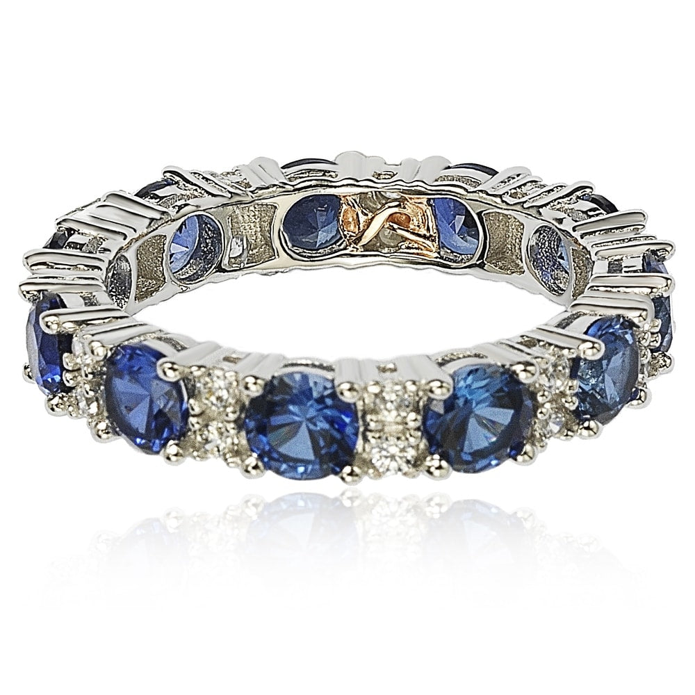 Suzy Levian Sterling Silver Round Cut Sapphire and Diamond Accent Eternity Band