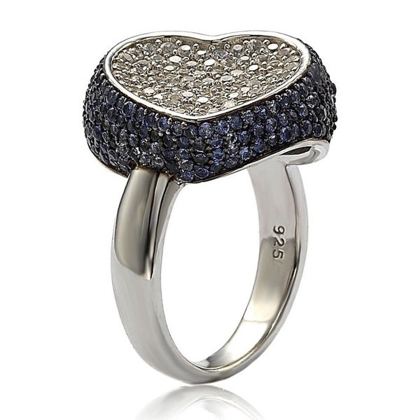 Suzy Levian Sterling Silver Sapphire and Diamond Accent Micro Pave Heart Ring
