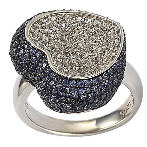 Suzy Levian Sterling Silver Sapphire and Diamond Accent Micro Pave Heart Ring