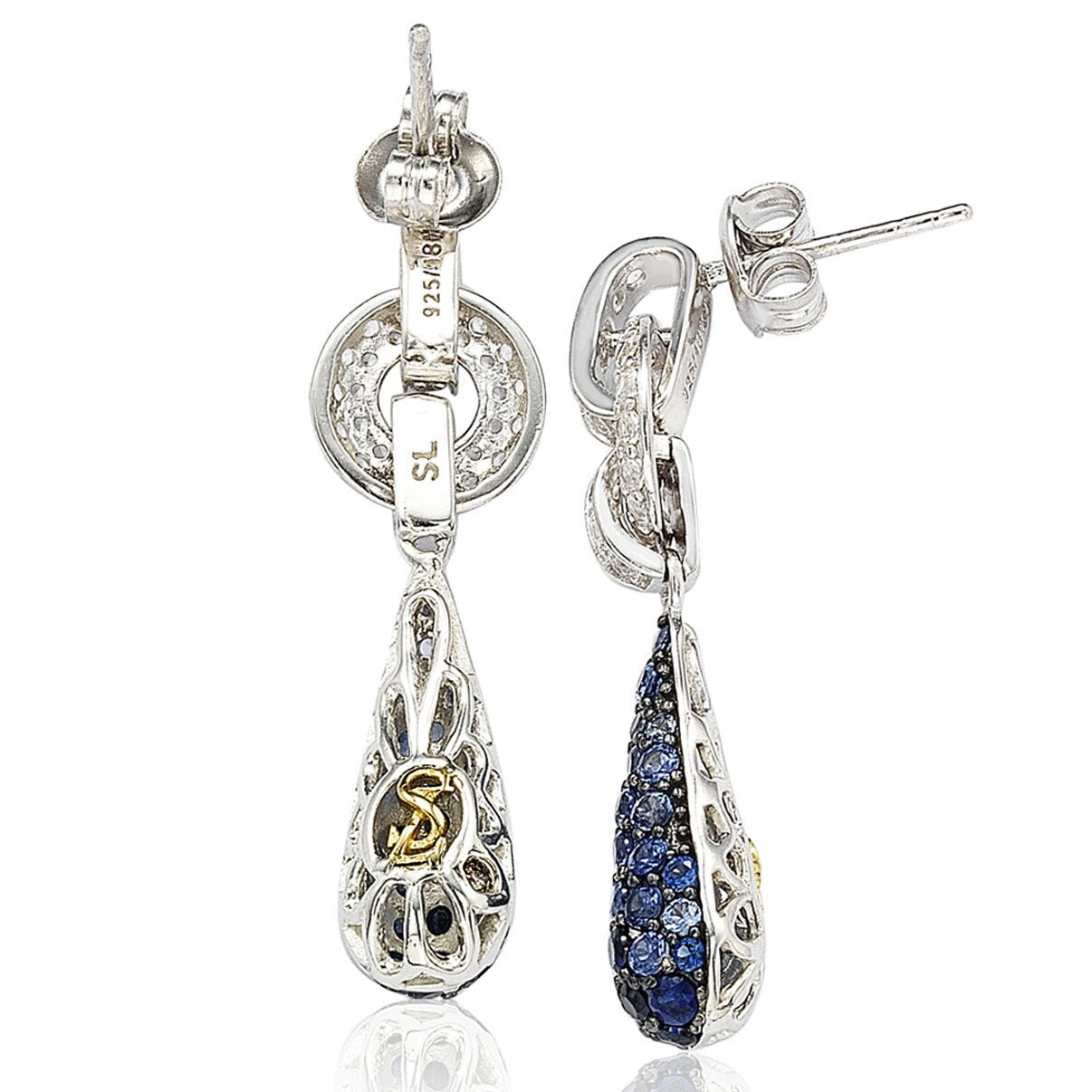 Suzy Levian Sterling Silver Blue Sapphire and Diamond Accent Tear Drop Dangle Earrings