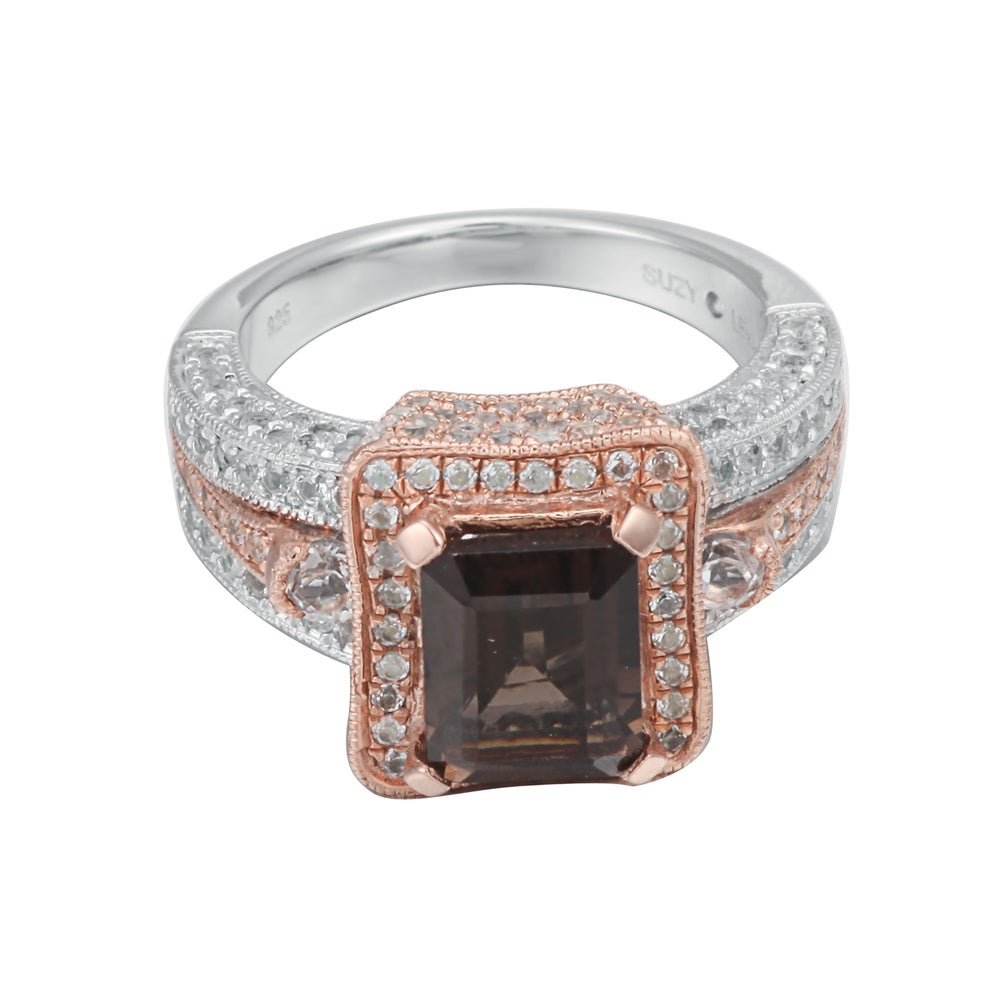 Suzy Levian Sterling Silver Emerald-Cut Smoky Quartz 5.9 cttw Ring