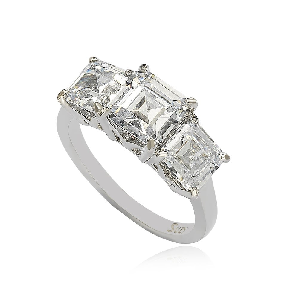 Suzy Levian Sterling Silver White Cubic Zirconia 3-Stone Engagement Ring