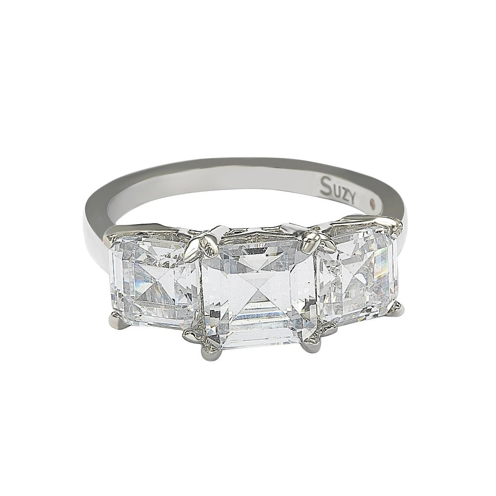 Suzy Levian Sterling Silver White Cubic Zirconia 3-Stone Engagement Ring