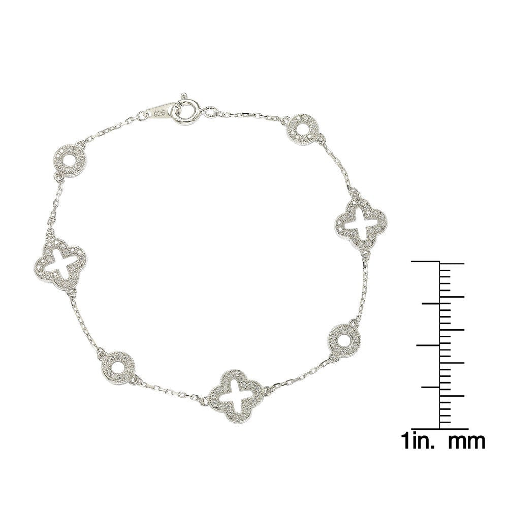 Suzy Levian Sterling Silver White Cubic Zirconia Clover and Circles Bracelet