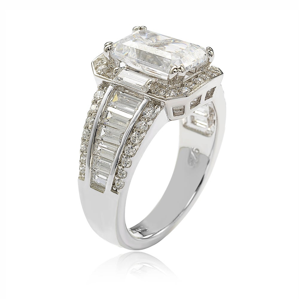 Suzy Levian Sterling Silver White Emerald-Cut Cubic Zirconia Engagement Ring