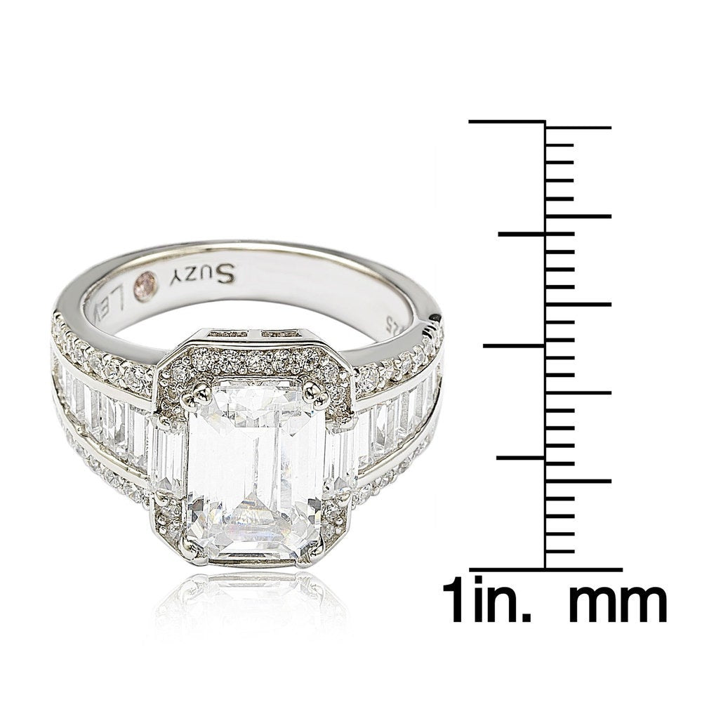 Suzy Levian Sterling Silver White Emerald-Cut Cubic Zirconia Engagement Ring