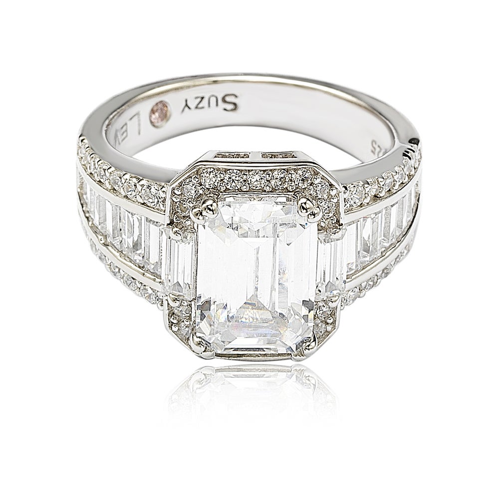 Suzy Levian Sterling Silver White Emerald-Cut Cubic Zirconia Engagement Ring