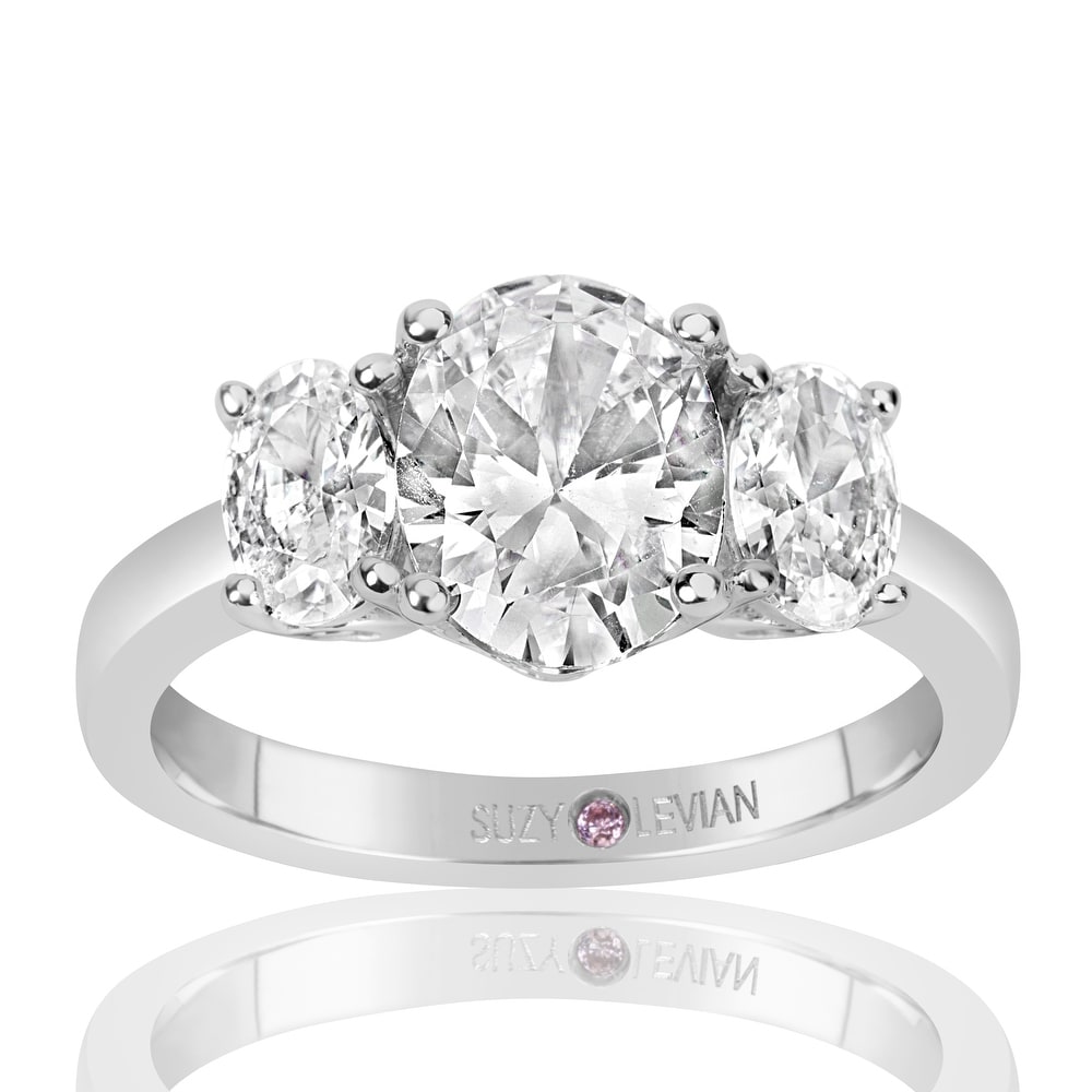 Suzy Levian Sterling Silver White Oval Cut Cubic Zirconia 3-Stone Engagement Ring