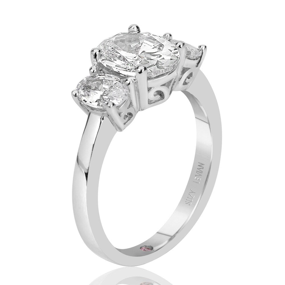 Suzy Levian Sterling Silver White Oval Cut Cubic Zirconia 3-Stone Engagement Ring