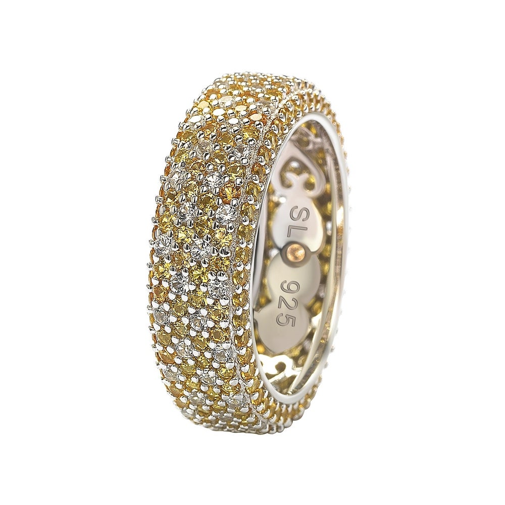 Suzy Levian Sterling Silver Yellow Sapphire and Diamond Accent Eternity Pave Ring