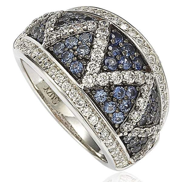 Suzy Levian Sterling Silver and 18K Gold Sapphire and Diamond Pave Zig Zag Ring