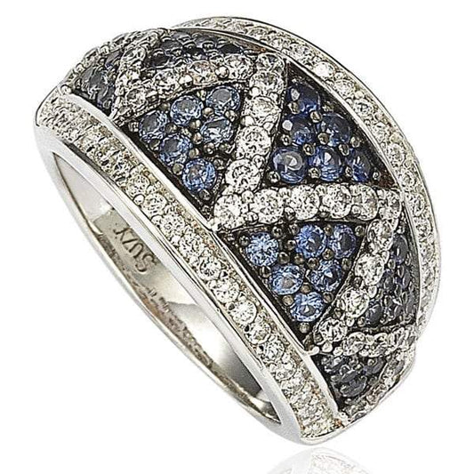 Suzy Levian Sterling Silver and 18K Gold Sapphire and Diamond Pave Zig Zag Ring