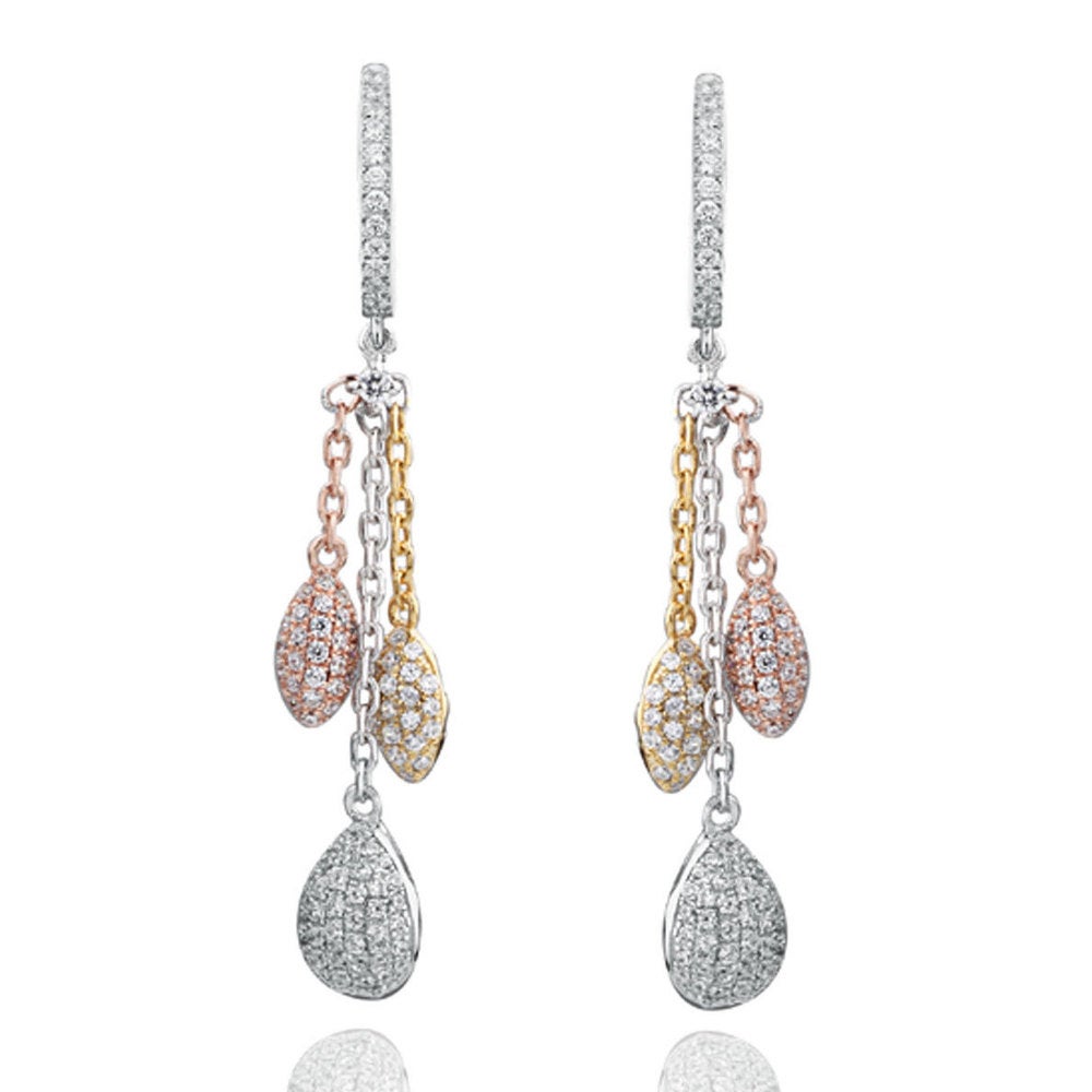 Suzy Levian Tri-Tone Sterling Silver White Cubic Zirconia Dangle Earrings