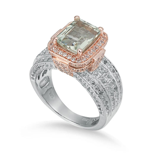 Suzy Levian Two-Tone Sterling Silver 5.18 cttw Green Amethyst Ring