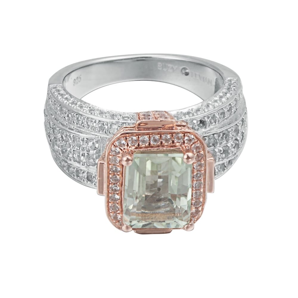 Suzy Levian Two-Tone Sterling Silver 5.18 cttw Green Amethyst Ring