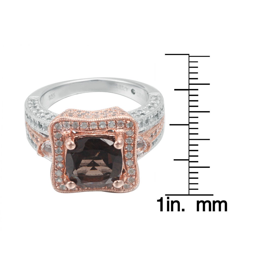Suzy Levian Two-Tone Sterling Silver 5.48 cttw Cushion cut Smoky Quartz Ring - Brown