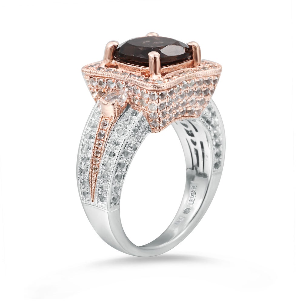 Suzy Levian Two-Tone Sterling Silver 5.48 cttw Cushion cut Smoky Quartz Ring - Brown