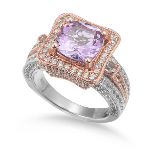 Suzy Levian Two-Tone Sterling Silver 5.57 cttw Cushion Cut Purple Amethyst Ring