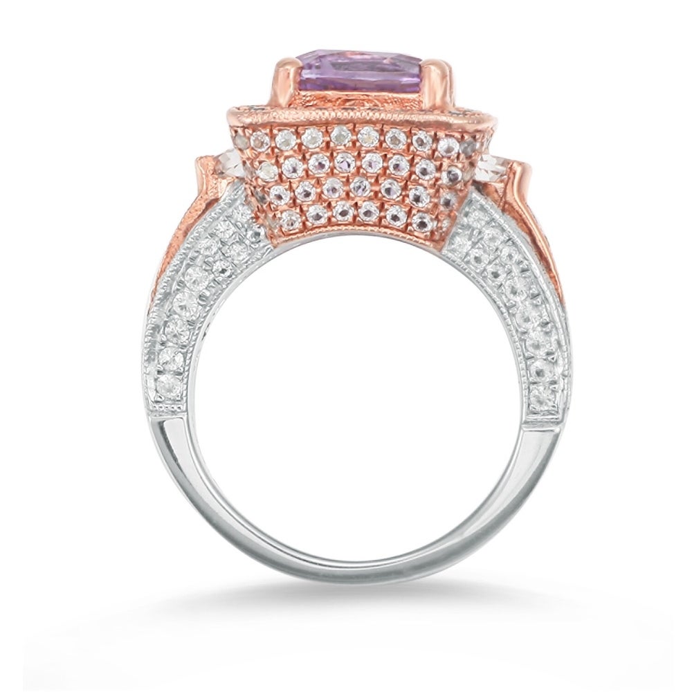 Suzy Levian Two-Tone Sterling Silver 5.57 cttw Cushion Cut Purple Amethyst Ring