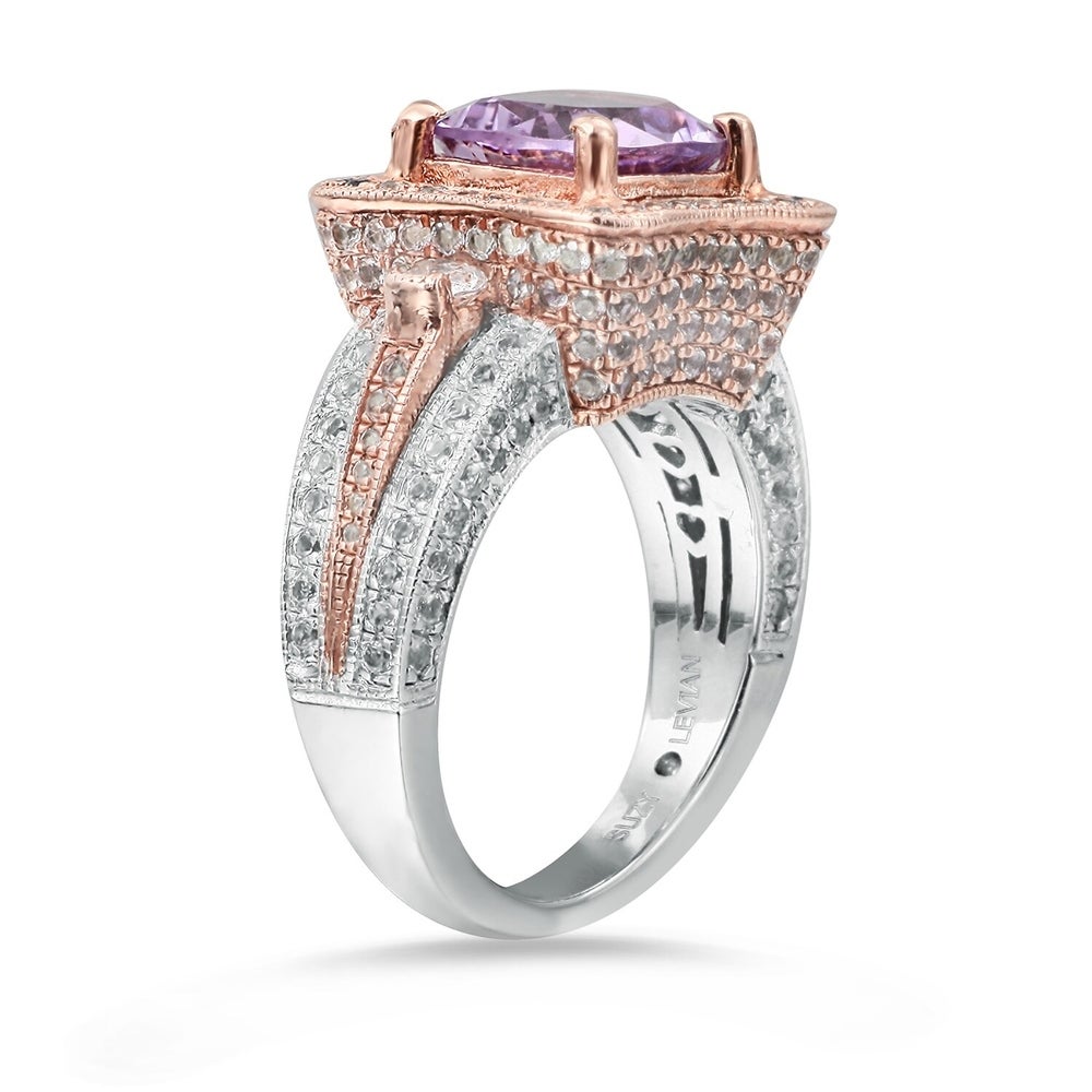 Suzy Levian Two-Tone Sterling Silver 5.57 cttw Cushion Cut Purple Amethyst Ring