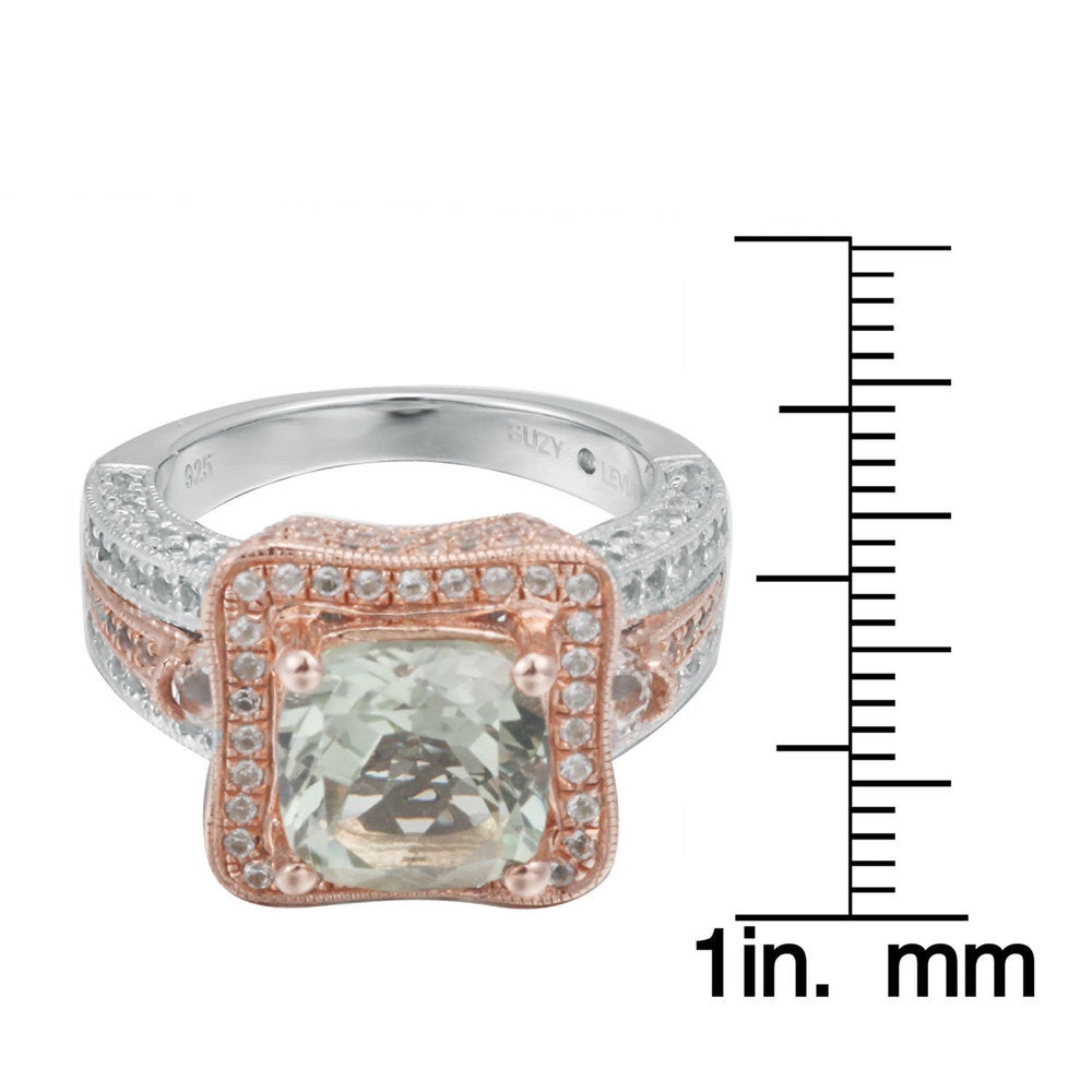 Suzy Levian Two-Tone Sterling Silver 5.88 TCW Cushion-Cut Green Amethyst Ring