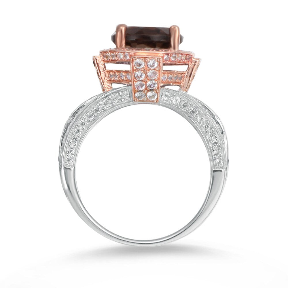 Suzy Levian Two-Tone Sterling Silver Round 4.85 cttw Smoky Quartz Ring