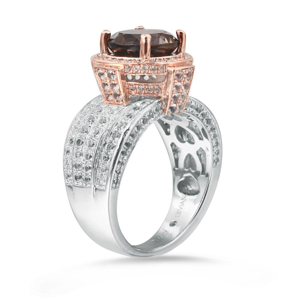 Suzy Levian Two-Tone Sterling Silver Round 4.85 cttw Smoky Quartz Ring