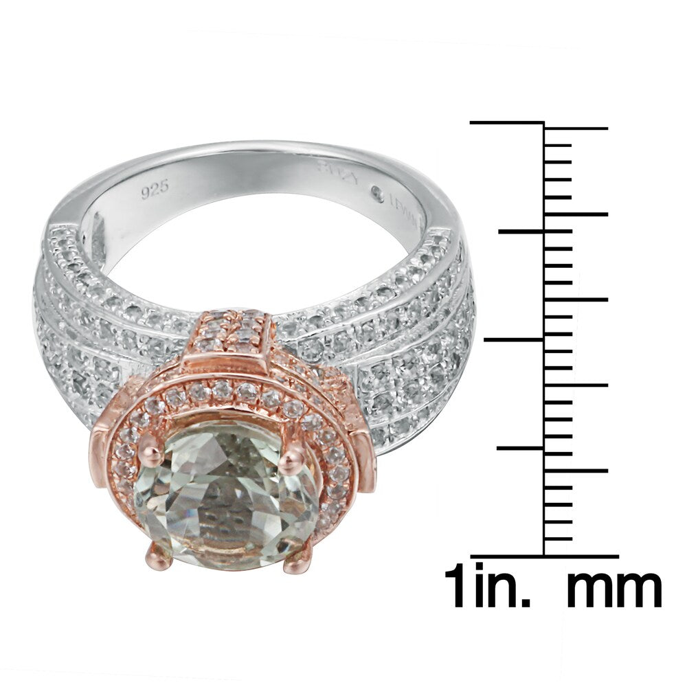 Suzy Levian Two-Tone Sterling Silver Round 5.01 cttw Green Amethyst Ring