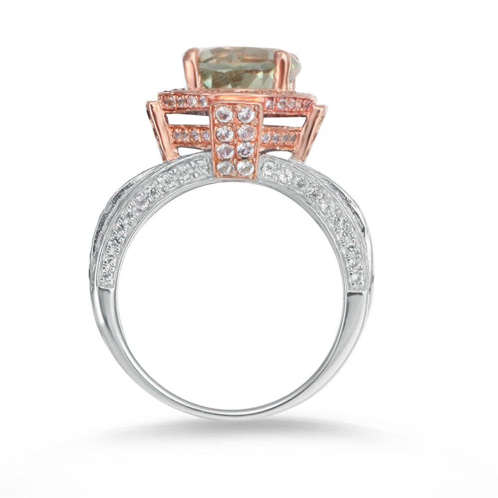 Suzy Levian Two-Tone Sterling Silver Round 5.01 cttw Green Amethyst Ring