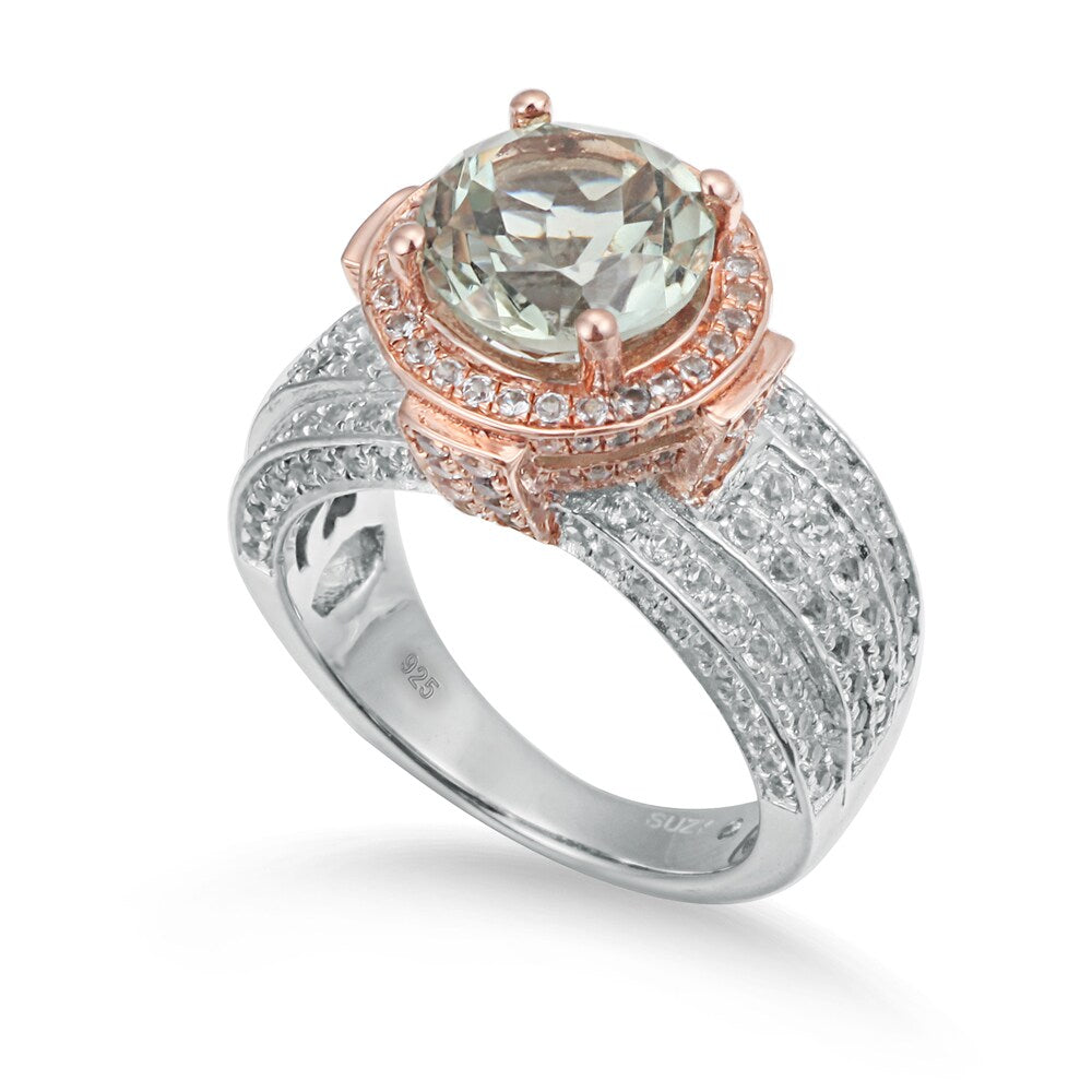 Suzy Levian Two-Tone Sterling Silver Round 5.01 cttw Green Amethyst Ring