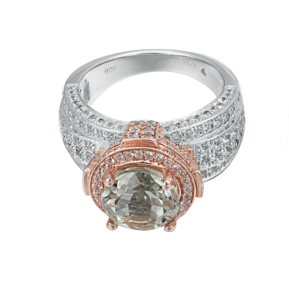 Suzy Levian Two-Tone Sterling Silver Round 5.01 cttw Green Amethyst Ring