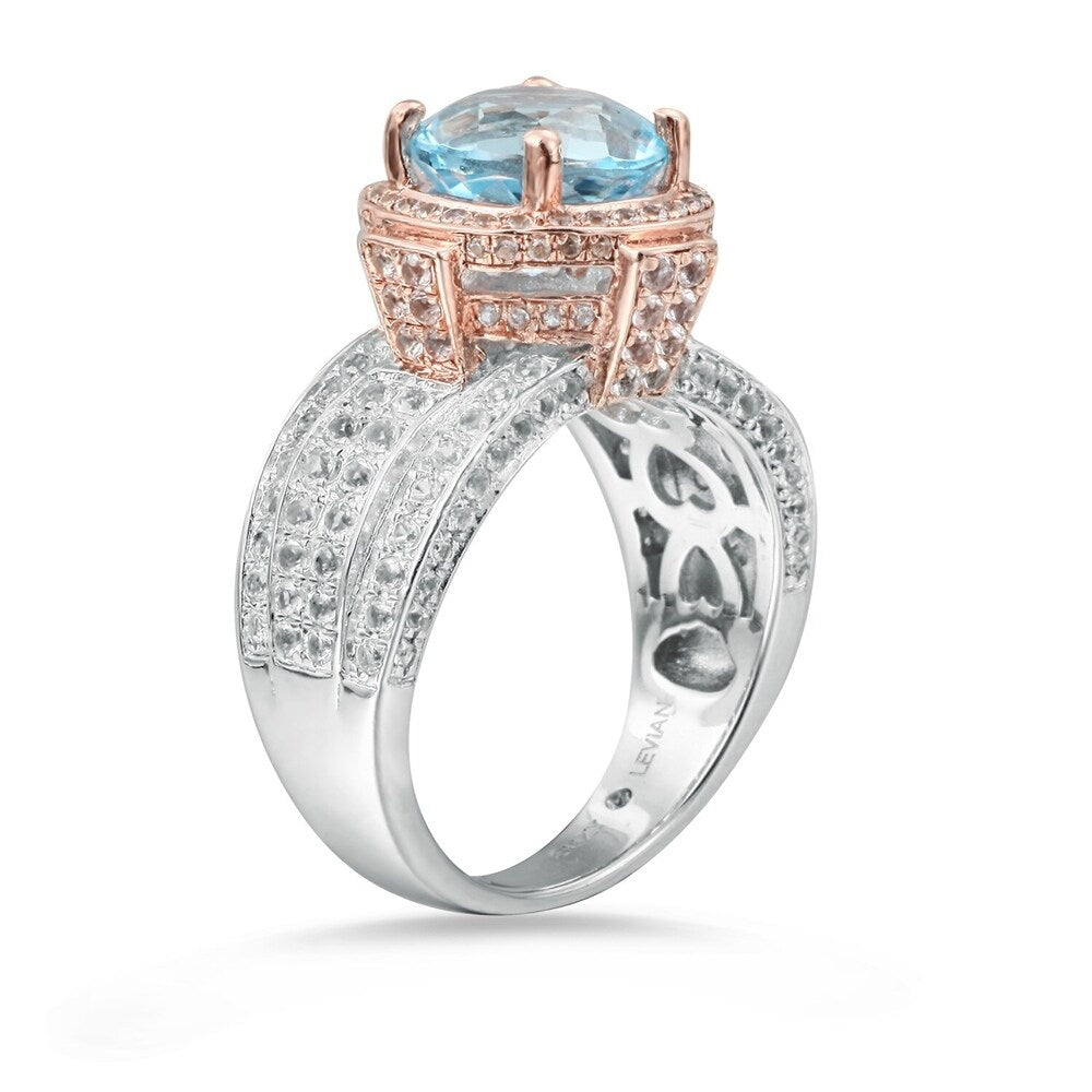Suzy Levian Two-Tone Sterling Silver Round 5.71 cttw Blue Topaz Ring