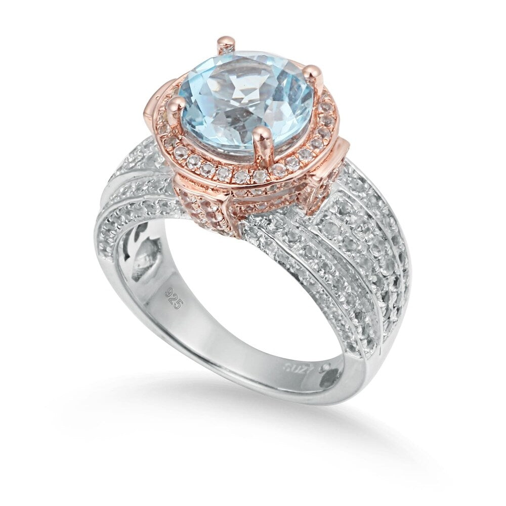 Suzy Levian Two-Tone Sterling Silver Round 5.71 cttw Blue Topaz Ring