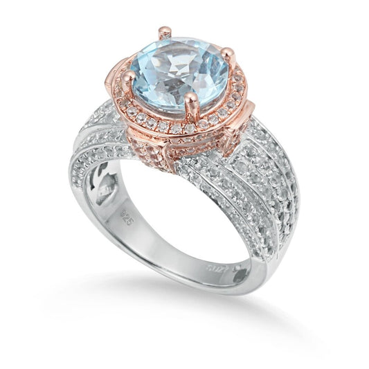 Suzy Levian Two-Tone Sterling Silver Round 5.71 cttw Blue Topaz Ring