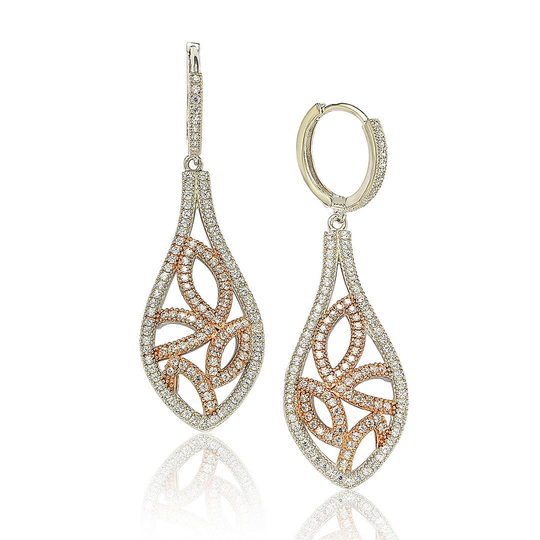 Suzy Levian Two-Tone Sterling Silver White Cubic Zirconia Floral Drop Earrings