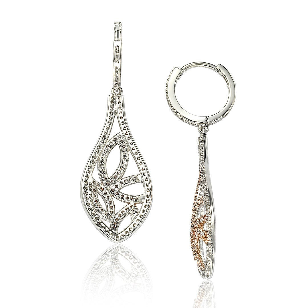 Suzy Levian Two-Tone Sterling Silver White Cubic Zirconia Floral Drop Earrings