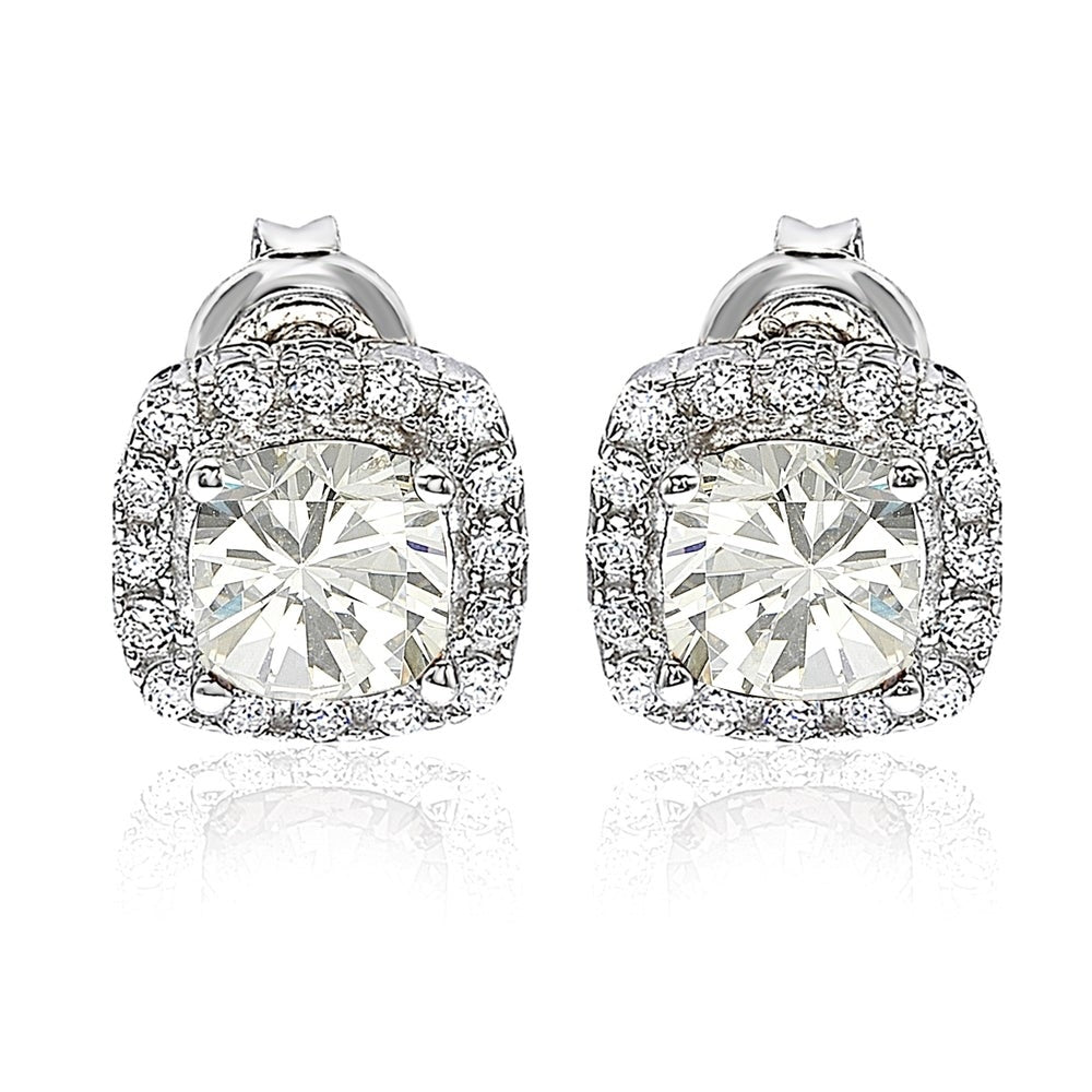 Suzy Levian White Cubic Zirconia Sterling Silver Princess Diana Stud Earrings